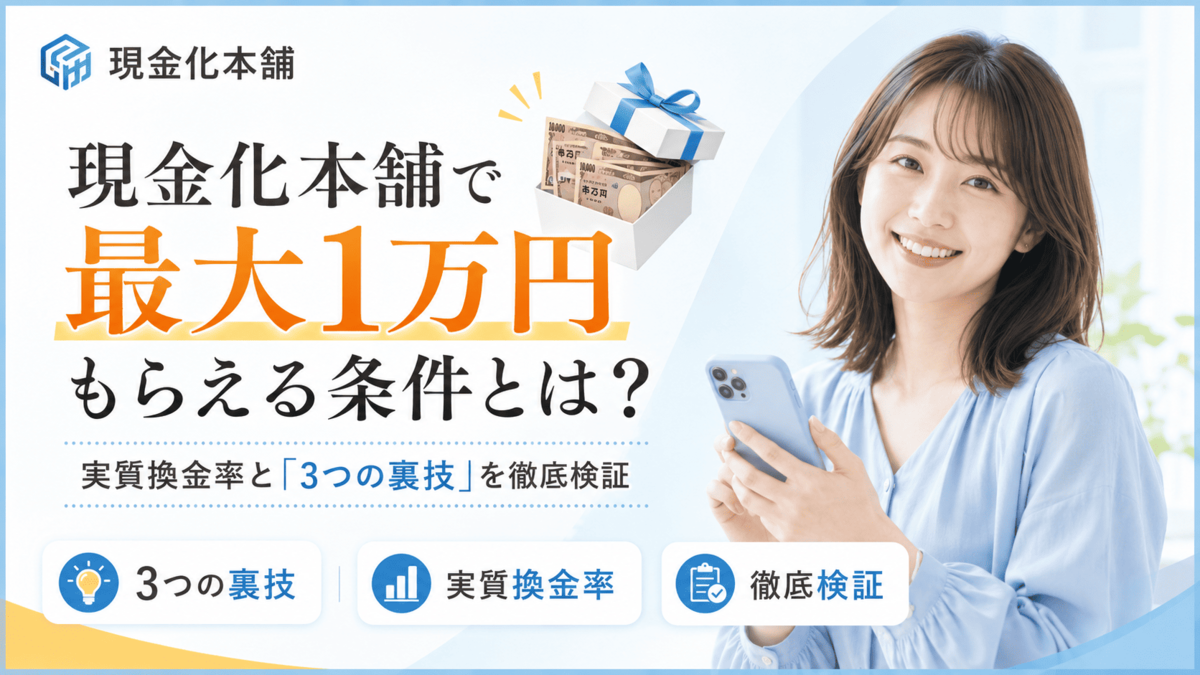 現金化本舗の特典条件や実質換金率を検証するアイキャッチ