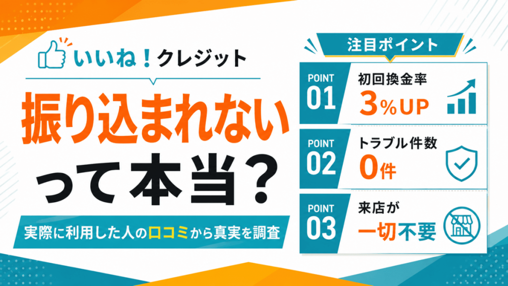 いいね！クレジットで振り込まれない噂について、口コミや初回換金率、トラブル件数を検証するアイキャッチ
