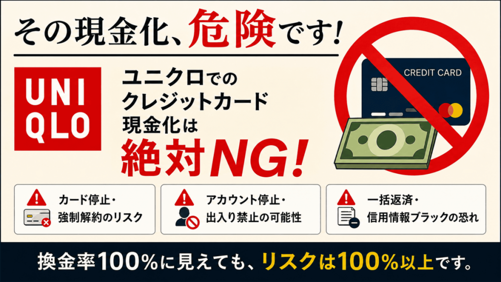ユニクロでのクレジットカード現金化リスクを警告するアイキャッチ
