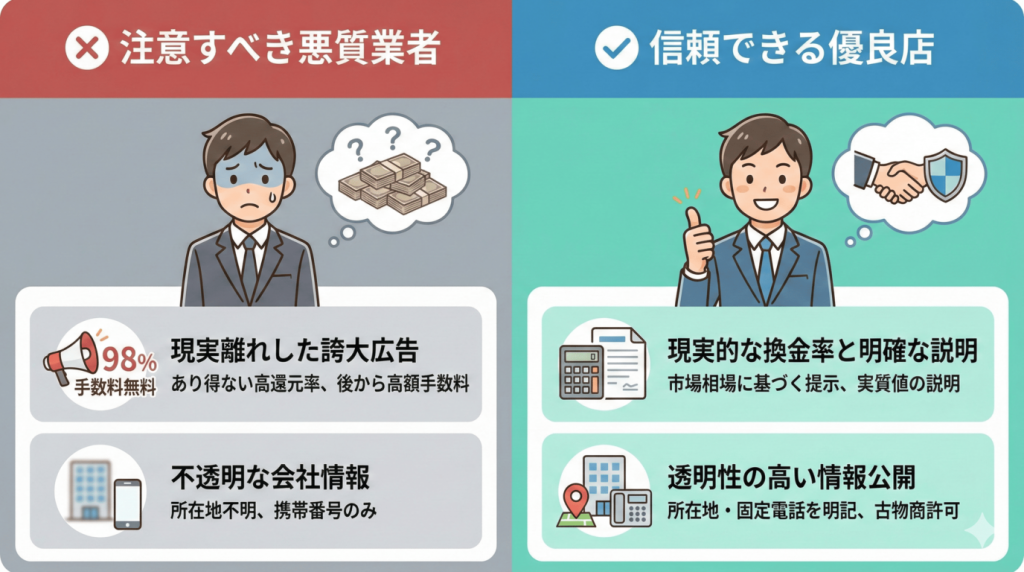 悪質業者と優良店の違い比較表｜手数料の透明性や会社概要の有無で見極める